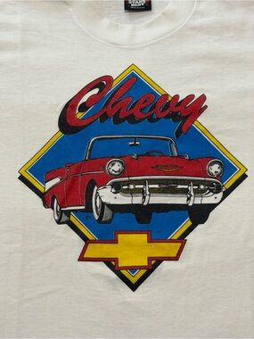 Screen Stars single stitch White Tee with Red Chevy Car and Blue/Yellow Logo - M